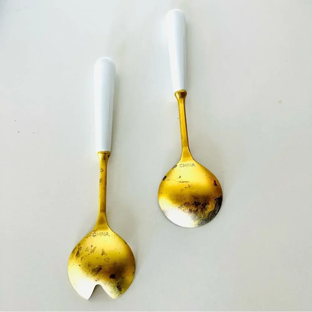 VINTAGE Gold Brass White Enamel Handle Salad Spoon Tosser Serving Utensil Set